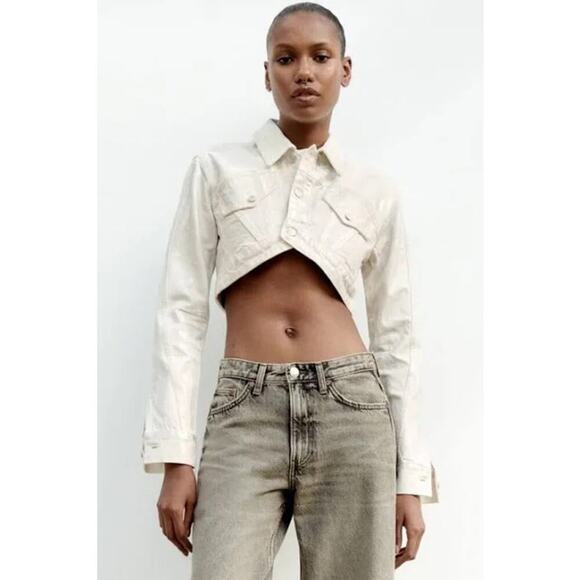 Zara Jackets & Blazers - NWT Zara Y2K Metallic Retro Vintage Crop Denim Jacket White Silver Small